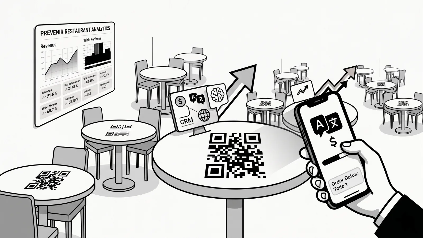 Interface Tabléo : tableau de bord restaurant avec menu QR code, commandes en temps réel, analytics de revenus et CRM client — application SaaS française pour digitaliser un restaurant en moins de 5 minutes