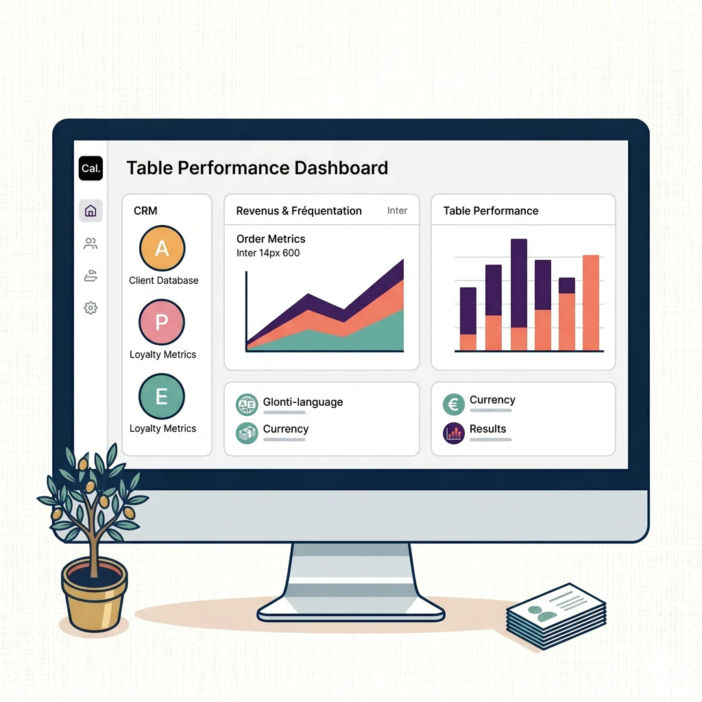 Tableau de bord analytique Tabléo affiché sur écran d'ordinateur — KPI temps réel : CRM client, revenus par table, performance des plats et fréquentation pour piloter un restaurant