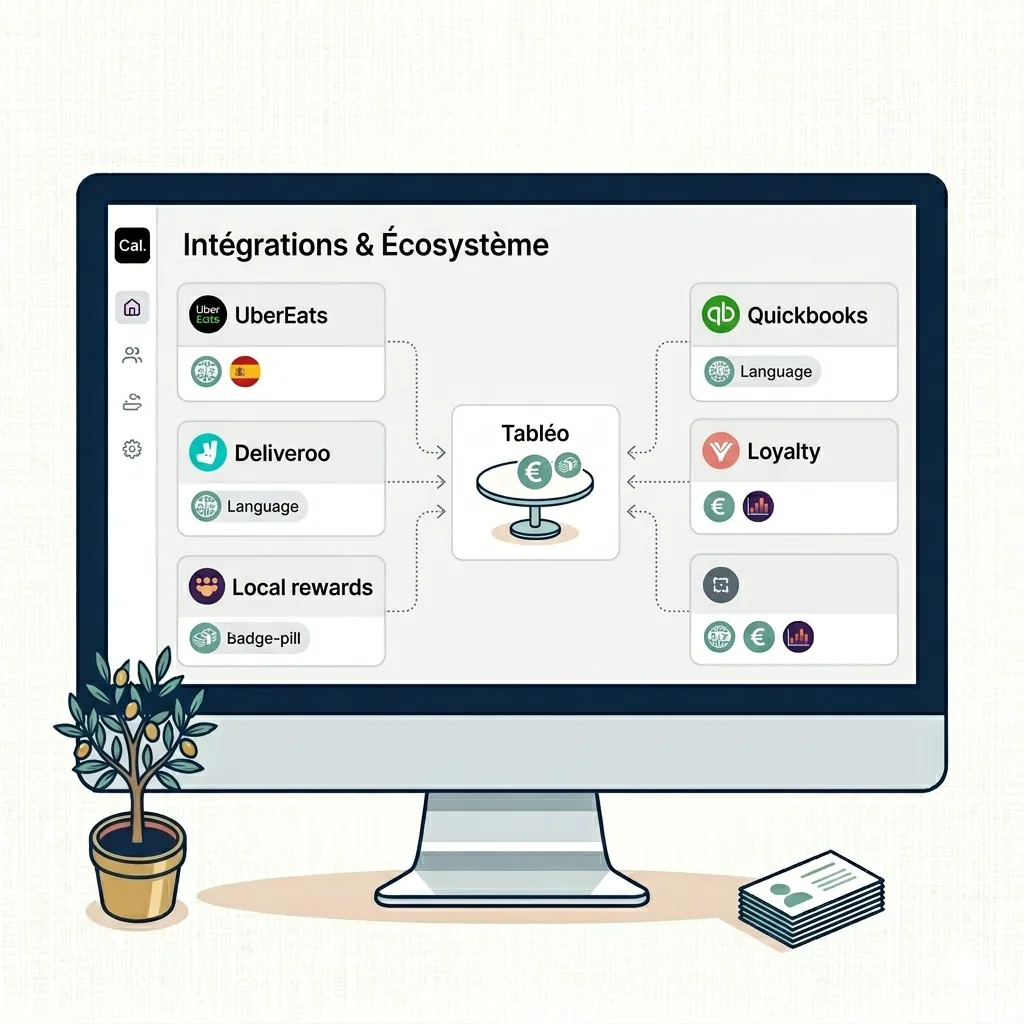 Illustration écran d'ordinateur affichant les intégrations Tabléo : UberEats, Deliveroo, Quickbooks et programmes de fidélité connectés au hub central restaurant