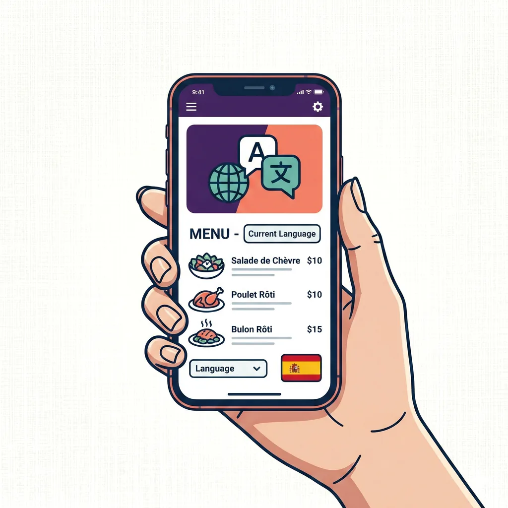 Menu IA multilingue Tabléo affiché sur smartphone — traduction automatique en français, espagnol, anglais et chinois pour clients internationaux dans un restaurant