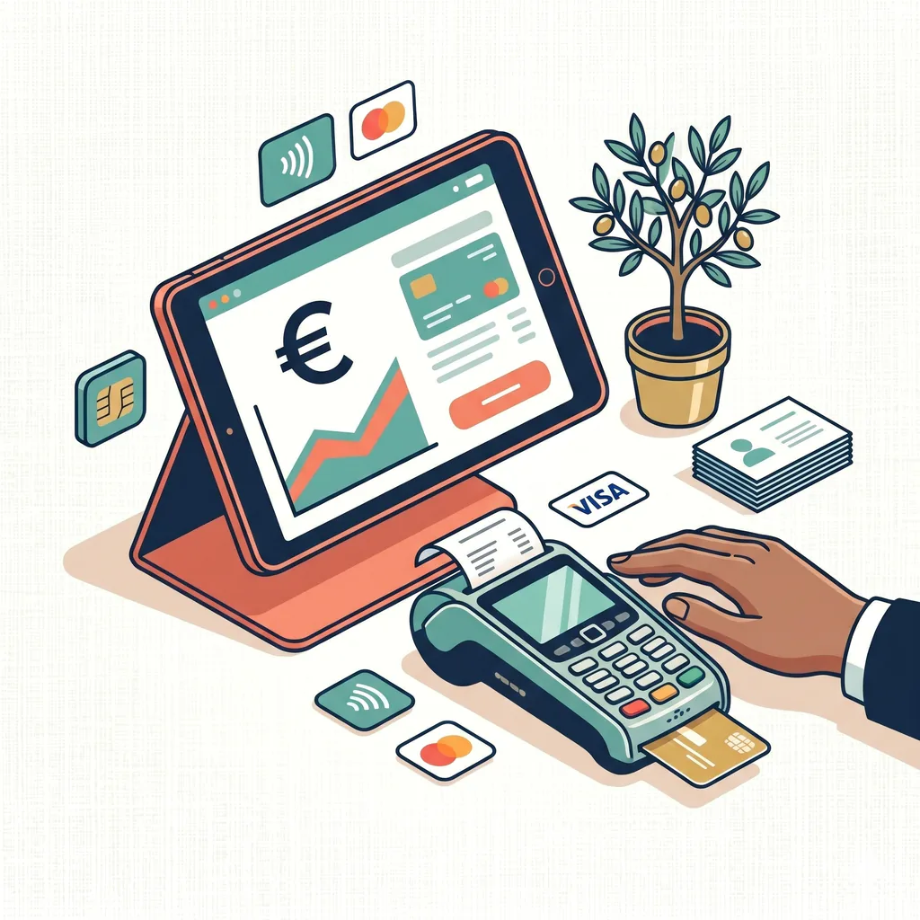Illustration tablette restaurant avec terminal de paiement sans contact Visa et Mastercard — solution d'encaissement Tabléo intégrée pour restaurants français