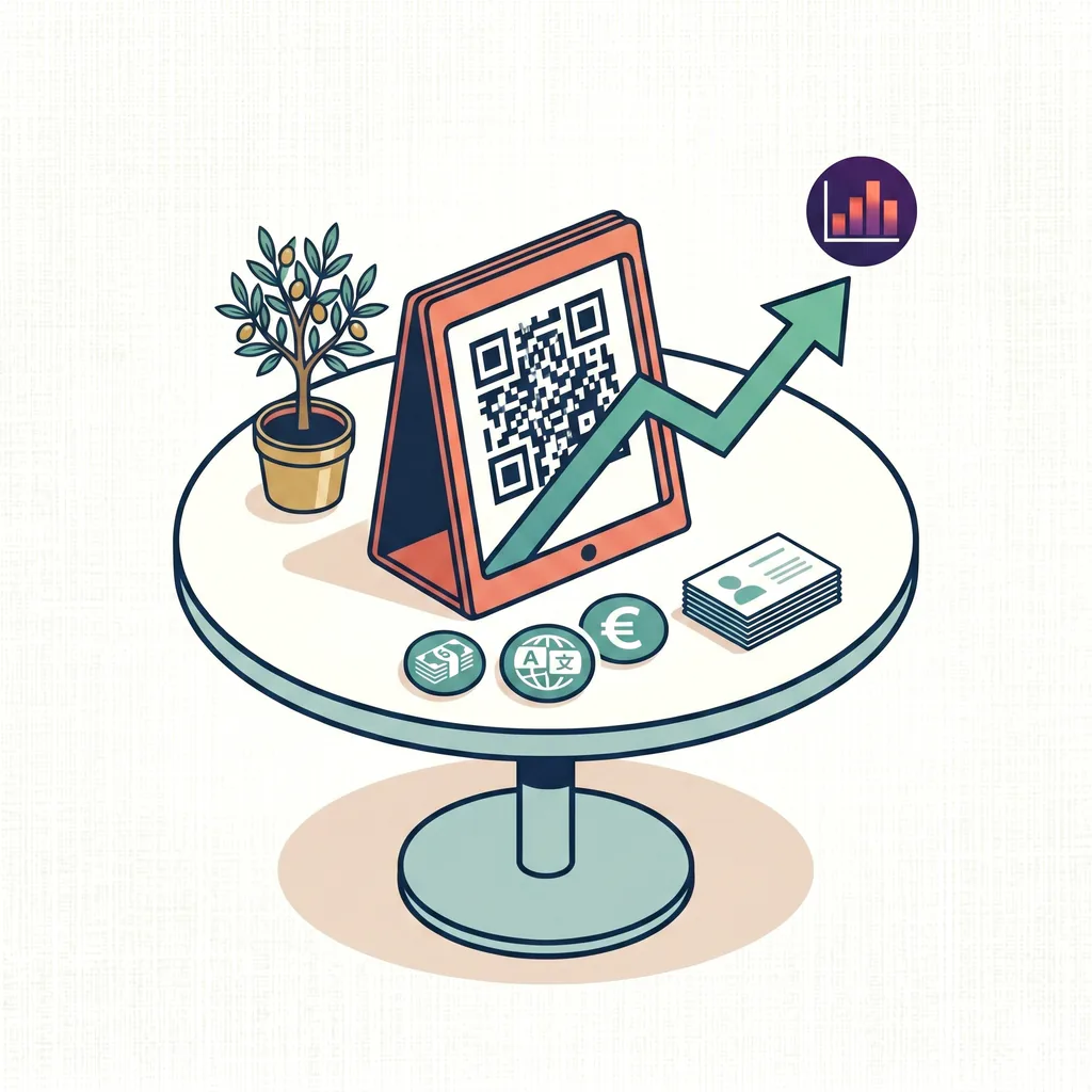 Illustration QR code Tabléo posé sur une table de restaurant, flèche de croissance verte symbolisant l'augmentation des revenus générés par chaque table digitalisée