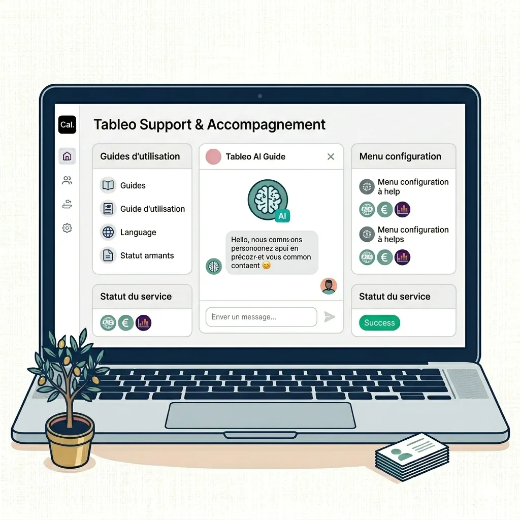 Illustration laptop affichant le support Tabléo et son AI Guide intégré — assistant intelligent pour aider les équipes restaurant à configurer la plateforme